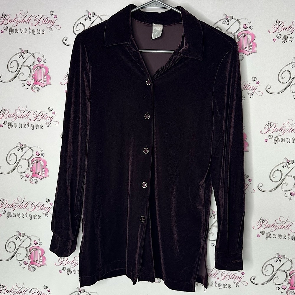 Cleo petites button up long sleeve Elegant Black Velvet velour Women's Top